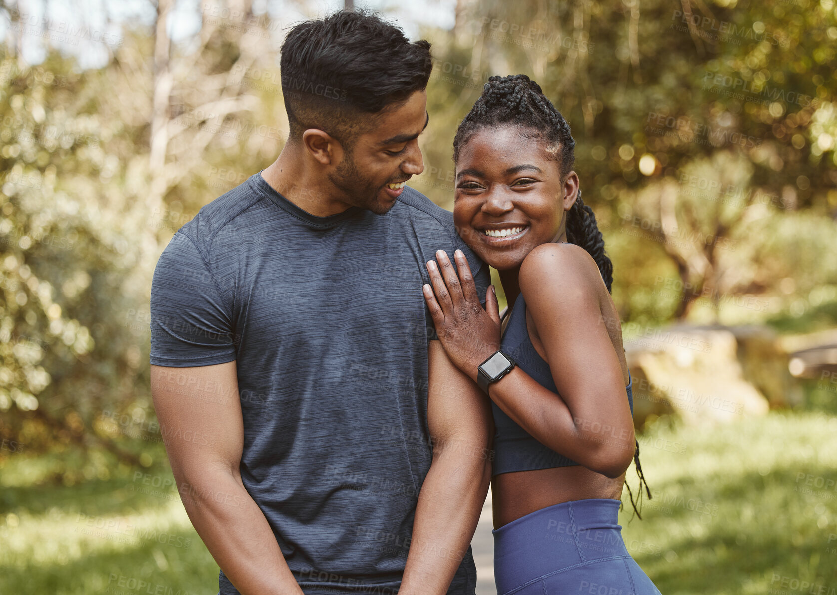 Buy stock photo Fitness, park and portrait of couple hug outdoors for exercise, training and running for cardio workout. Dating, happy and interracial man and woman smile for wellness, health and sports in nature