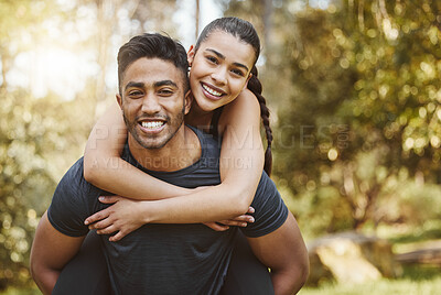 Buy stock photo Fitness, nature and portrait of couple piggyback outdoors for exercise, training and cardio workout. Dating, relationship and man and woman in forest, wood or park for wellness, health and sports