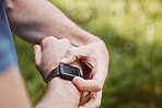 Hands, runner and check smart watch in park for steps, data or time goal with results, fitness or nature. Person, iot clock or monitor for speed, heart rate or reading for exercise, workout or health