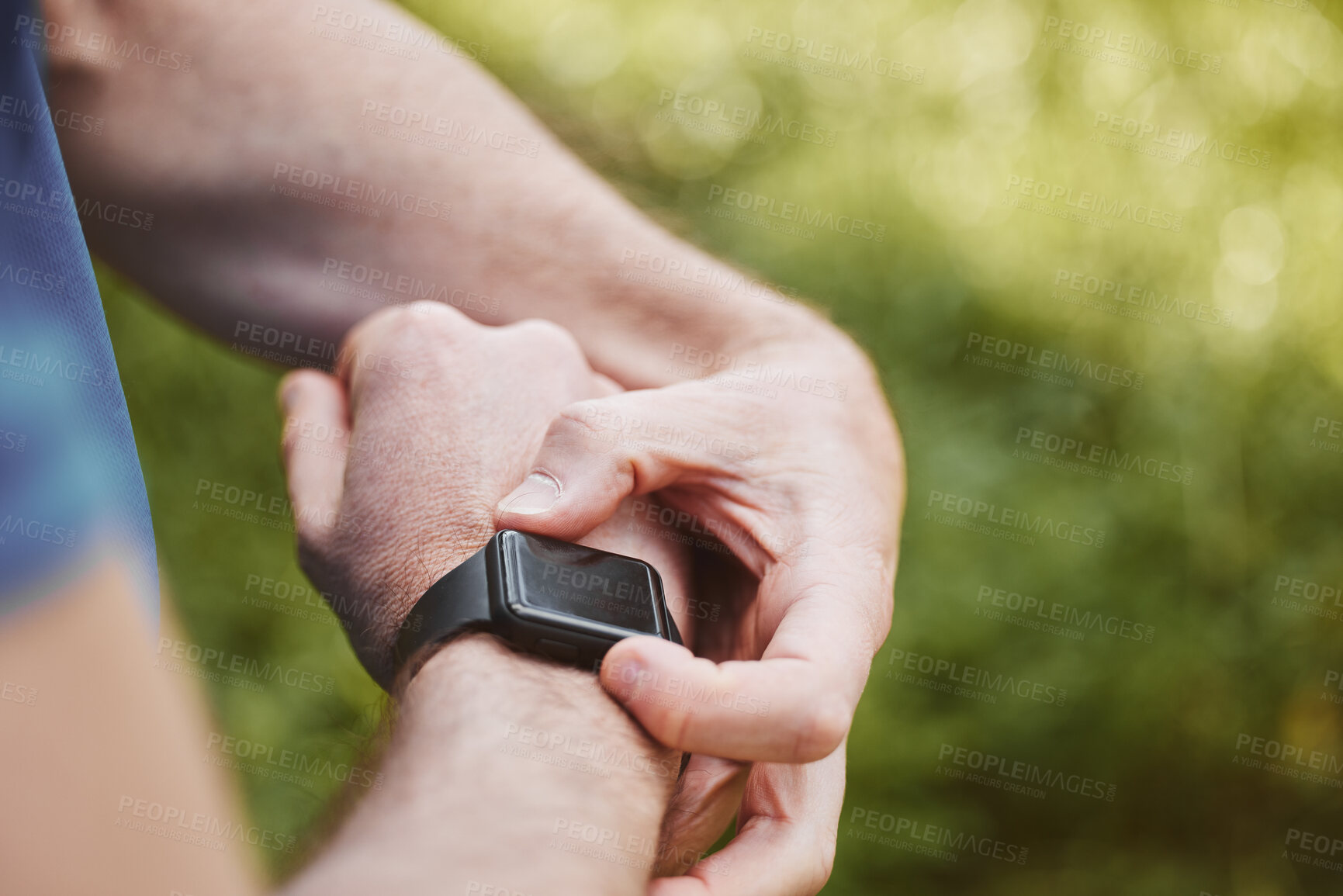 Buy stock photo Hands, runner and check smart watch in park for steps, data or time app with results, fitness or nature. Person, iot clock or monitor for speed, heart rate or reading for exercise, workout or health