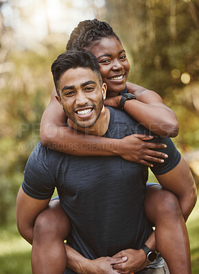 Buy stock photo Fitness, piggy back and portrait of couple outdoors for exercise, training and running for cardio workout. Dating, happy and interracial man carrying woman for wellness, healthy body and sports