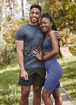 Buy stock photo Fitness, nature and portrait of couple hug outdoors for exercise, training and running for cardio workout. Dating, happy and interracial man and woman embrace for wellness, healthy body and sports