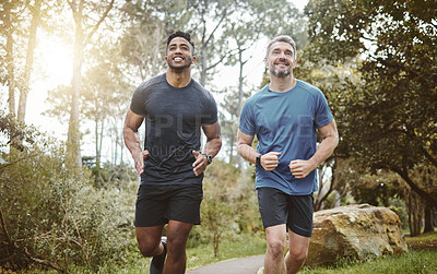 Buy stock photo Running team, fitness and men in forest with cardio, athlete with personal trainer for support in sports and health. Exercise friends, diversity and runner club, healthy and training for race outdoor