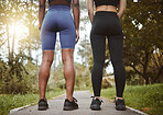 Back, legs and start with fitness friends in a park together for a cardio workout, health or wellness. Exercise, sports and training with athlete people outdoor on a summer morning for a marathon run