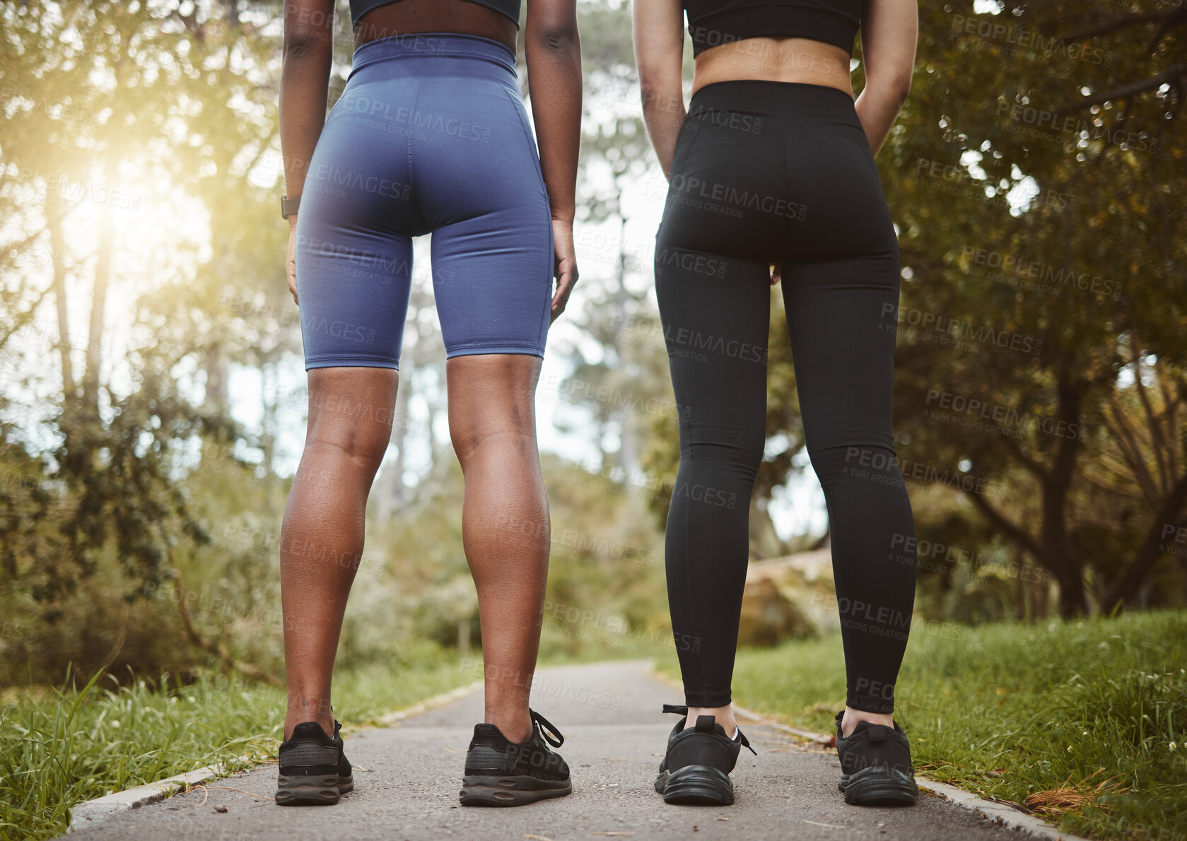 Buy stock photo Back, legs and start with fitness friends in a park together for a cardio workout, health or wellness. Exercise, sports and training with athlete people outdoor on a summer morning for a marathon run