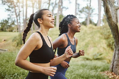 Buy stock photo Running team, fitness and women in forest with cardio, athlete and support for sports and health. Exercise friends, diversity and runner club, health and training for race outdoor with workout