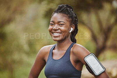 Buy stock photo Fitness, smile and portrait of black woman at outdoor exercise, workout or training in a forest for wellness. Happy, confident and young person ready and listening to music, audio or podcast