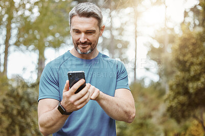 Buy stock photo Man, phone and outdoor with exercise clothes or smile for communication or conversation in sport. Male, health and smartphone for cardio app and workout for strong, athlete or happy in nature