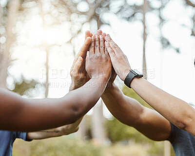 Buy stock photo Hands, high five with exercise group and support in team of people outdoor, help and success with training. Huddle, collaboration or partnership with solidarity, trust in fitness community with goals
