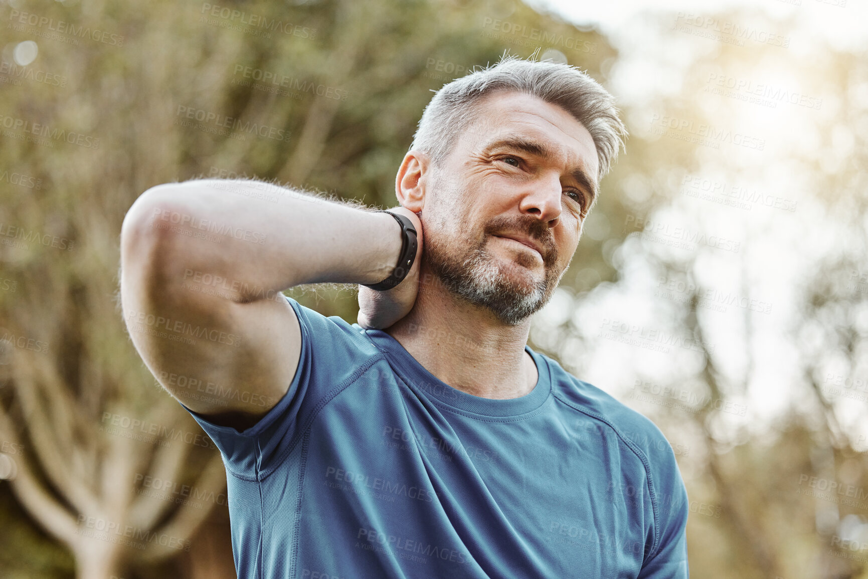 Buy stock photo Runner man, neck pain and injury in park, thinking and stress in nature for workout, training or health. Mature person, muscle emergency and sad for arthritis, fibromyalgia or osteoporosis in summer