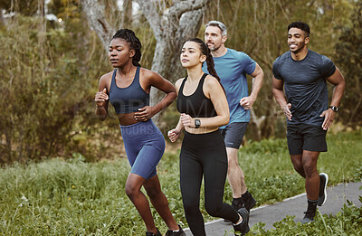 Buy stock photo Runner group, men and women in park, training and outdoor exercise for health, sport or performance. Teamwork, running and workout for fitness, wellness and diversity in summer, freedom or nature