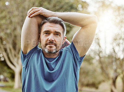 Buy stock photo Runner man, stretching arms and park for fitness vision, health or ready for workout, nature or summer. Mature person, muscle warm up and outdoor sunshine for exercise, thinking or wellness in forest