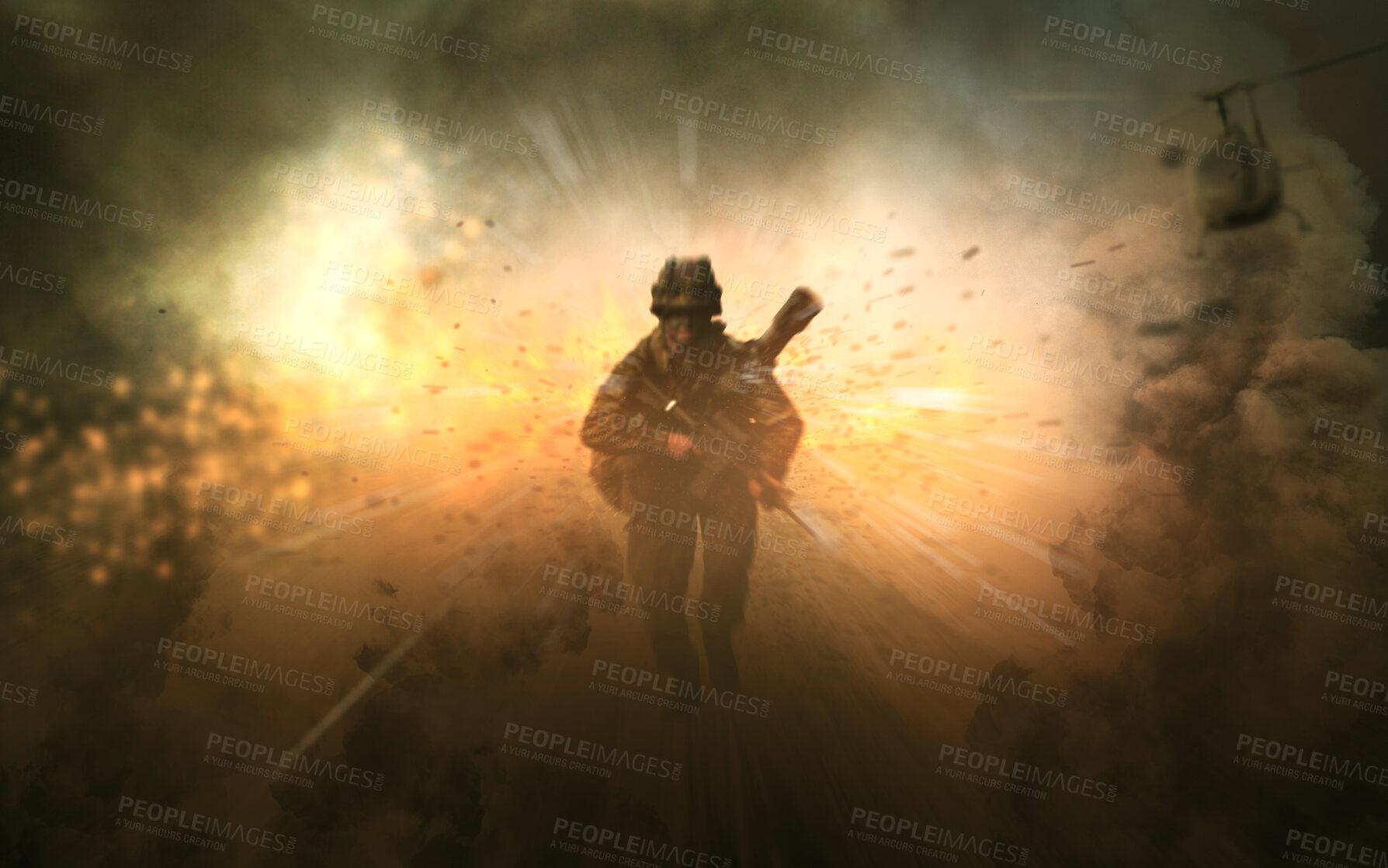 Buy stock photo Man, soldier and run in explosion with battle, smoke or fire in overlay for copy space. Person, veteran and walking in war with enemy in freedom, defence or security for country with armed forces 