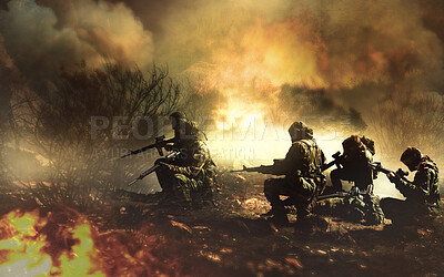 Buy stock photo Military, men and war with field fire and danger, gun for target and forest battlefield for army service and mission or apocalypse. Soldier, group and team in bush flames, smoke or warzone and crime