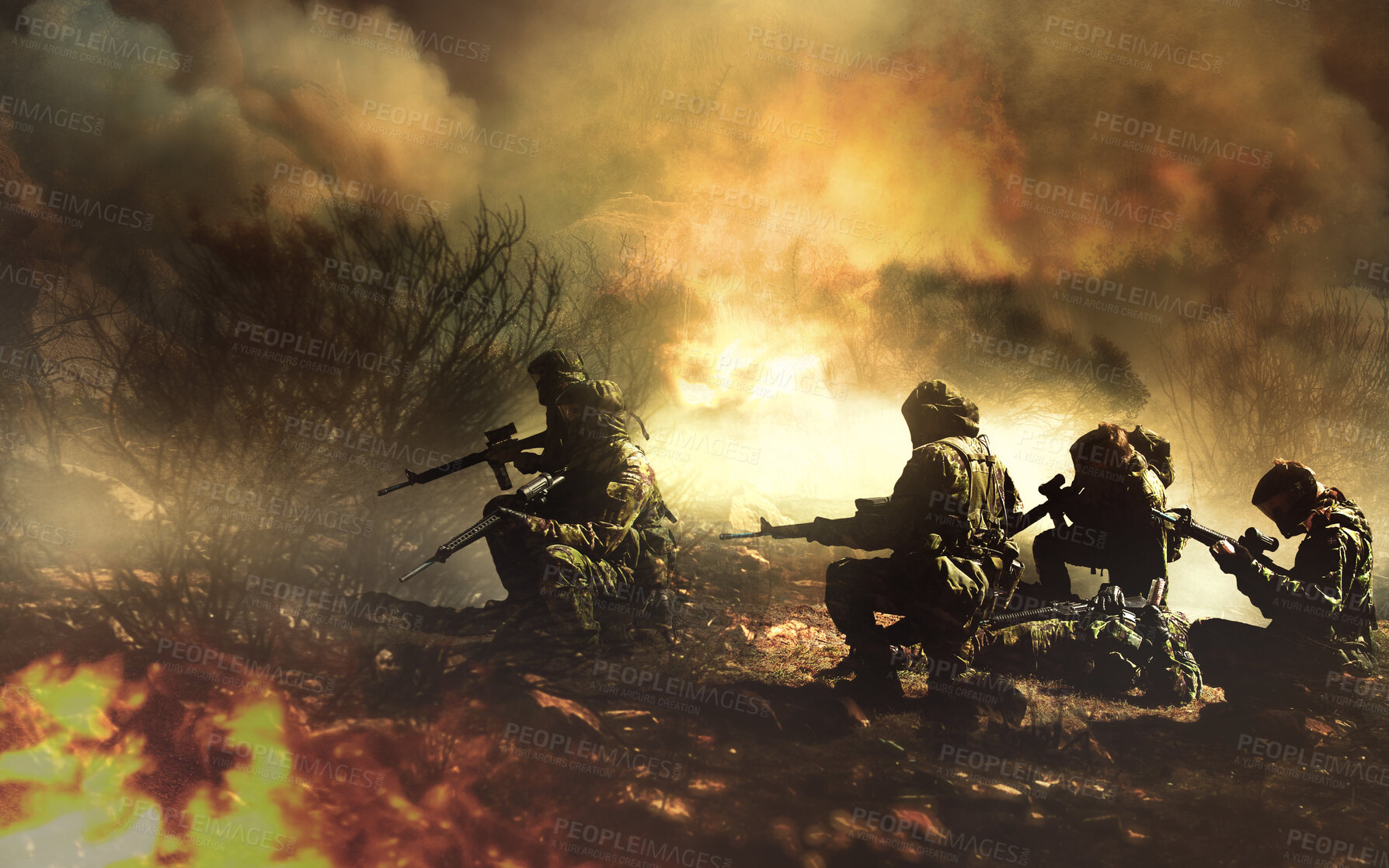 Buy stock photo Military, men and war with field fire and danger, gun for target and forest battlefield for army service and mission or apocalypse. Soldier, group and team in bush flames, smoke or warzone and crime