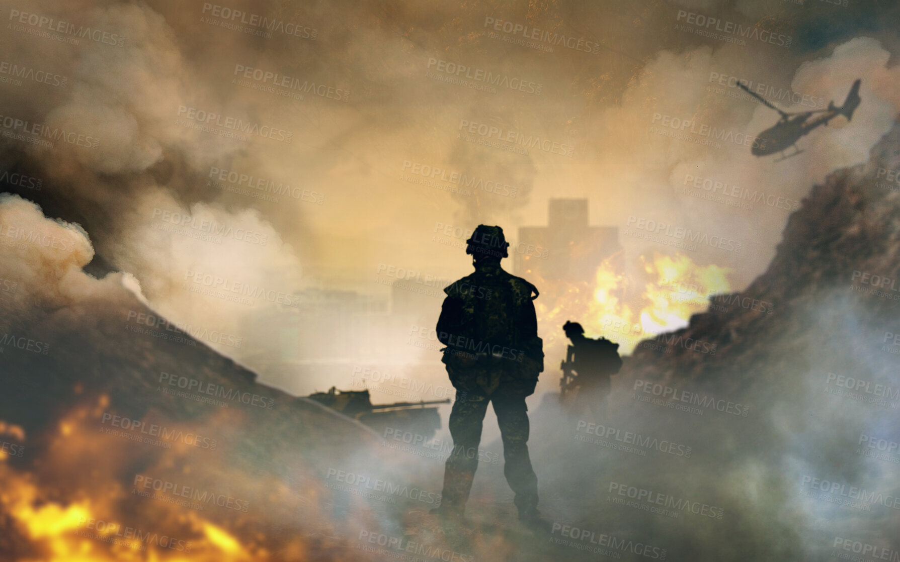 Buy stock photo War, explosion and smoke, soldier silhouette on battlefield with conflict, military vehicle and politics. Helicopter, fire and chaos from fight, people in armed forces and warzone with army warrior