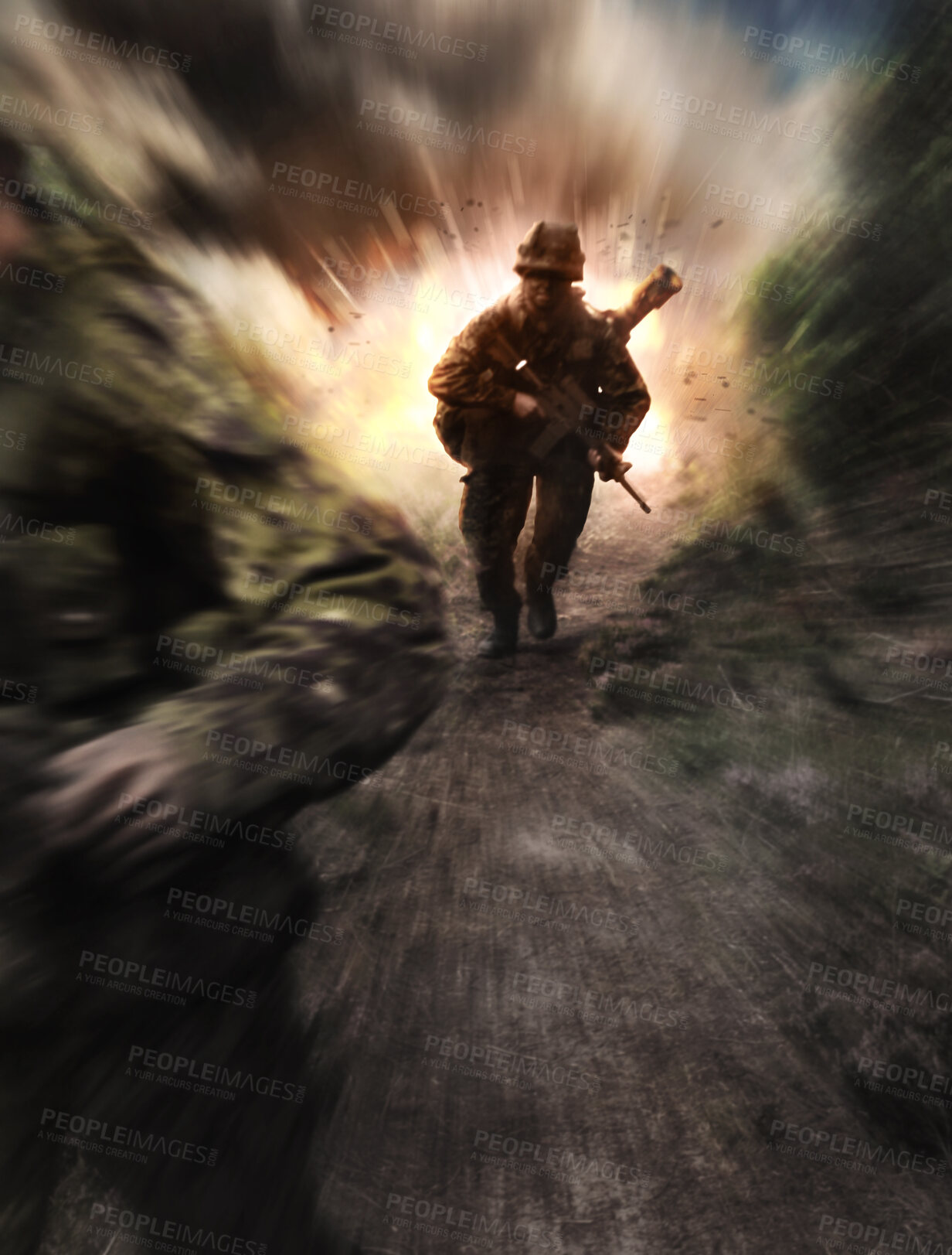 Buy stock photo Soldier, military and battlefield with explosion, conflict and combat with army, violence and warrior. Warzone, service or mission with gear, fight or people outdoor, bomb or hero with defence or gun