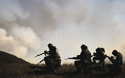 Buy stock photo Military, war and soldier by smoke for service, battlefield or fight in forest with army uniform, guns and protection. Warzone, warrior and people in camp look at apocalypse in woods for defence duty