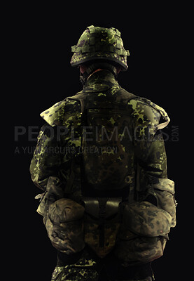 Buy stock photo Soldier, man and army warrior in war, back view with conflict and battle in uniform on black background. Hero, military and camouflage with security, protection and mission for fight in studio