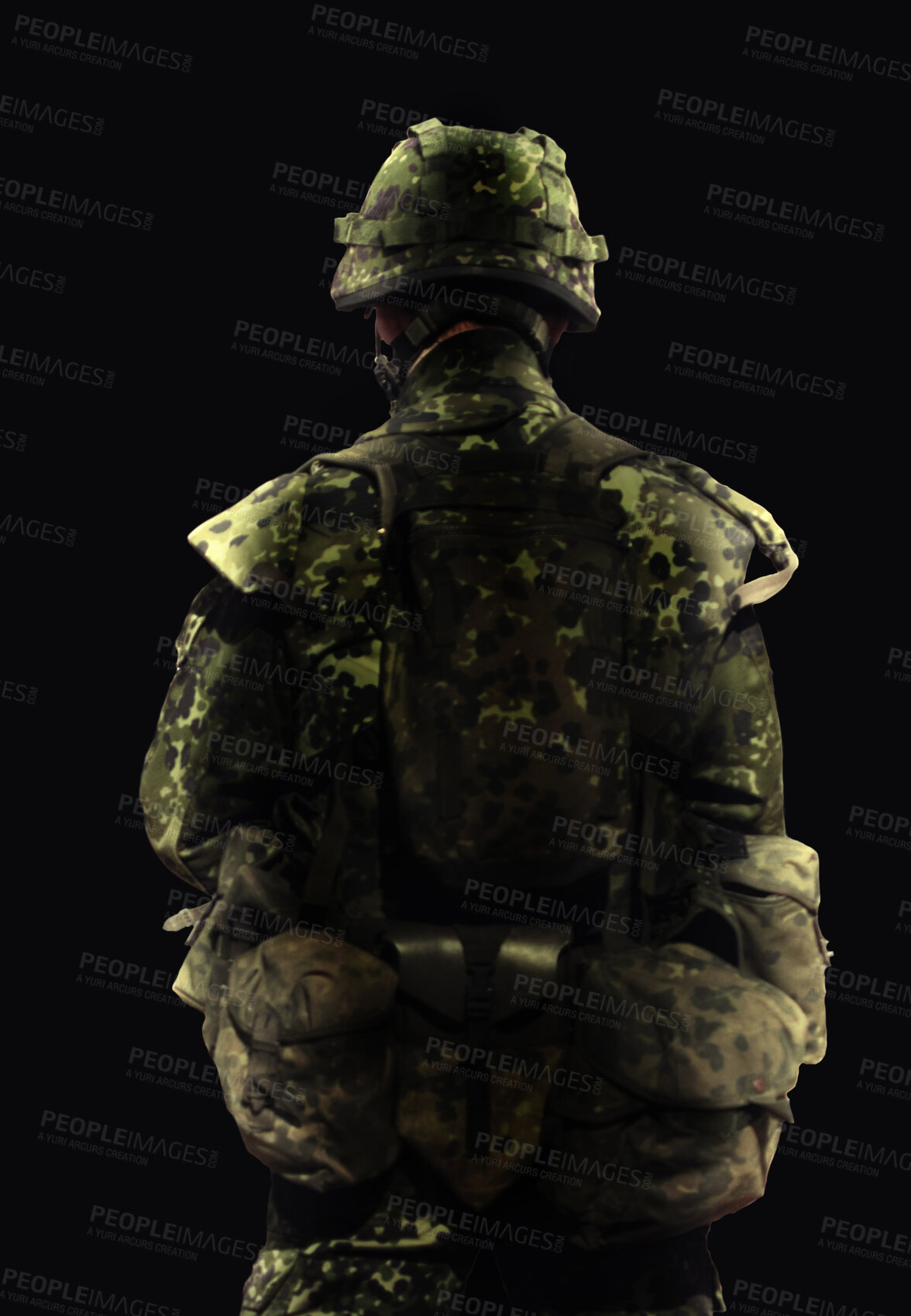 Buy stock photo Soldier, man and army warrior in war, back view with conflict and battle in uniform on black background. Hero, military and camouflage with security, protection and mission for fight in studio