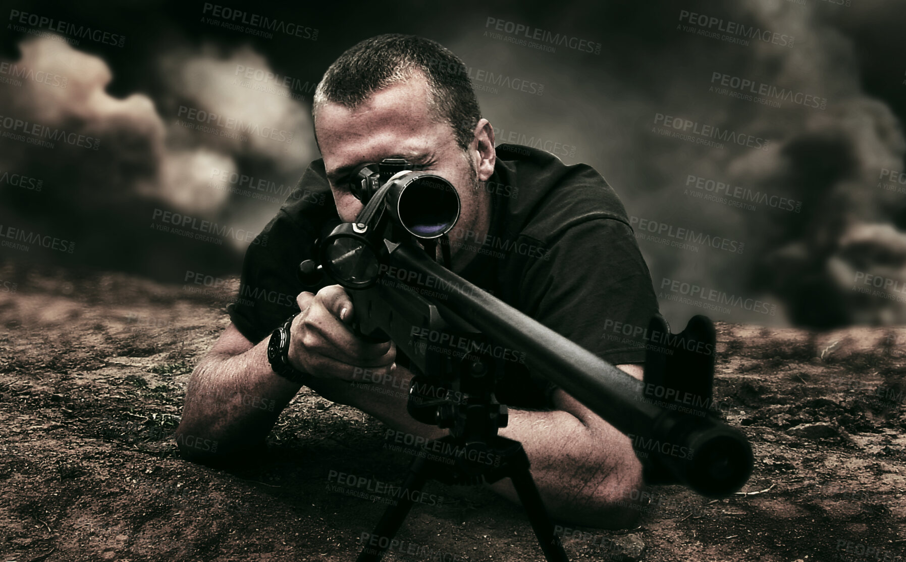 Buy stock photo Man, soldier or sniper in position for war, battlefield and enemy in overlay with explosion. Male, military or army with weapon for target, tactical and mission for intelligence, security or country