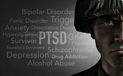 Buy stock photo Soldier portrait, words and overlay with anxiety, PTSD and psychology text of a veteran and man. Military, letter collage and problems from war, battlefield and fight trauma with grief of hero