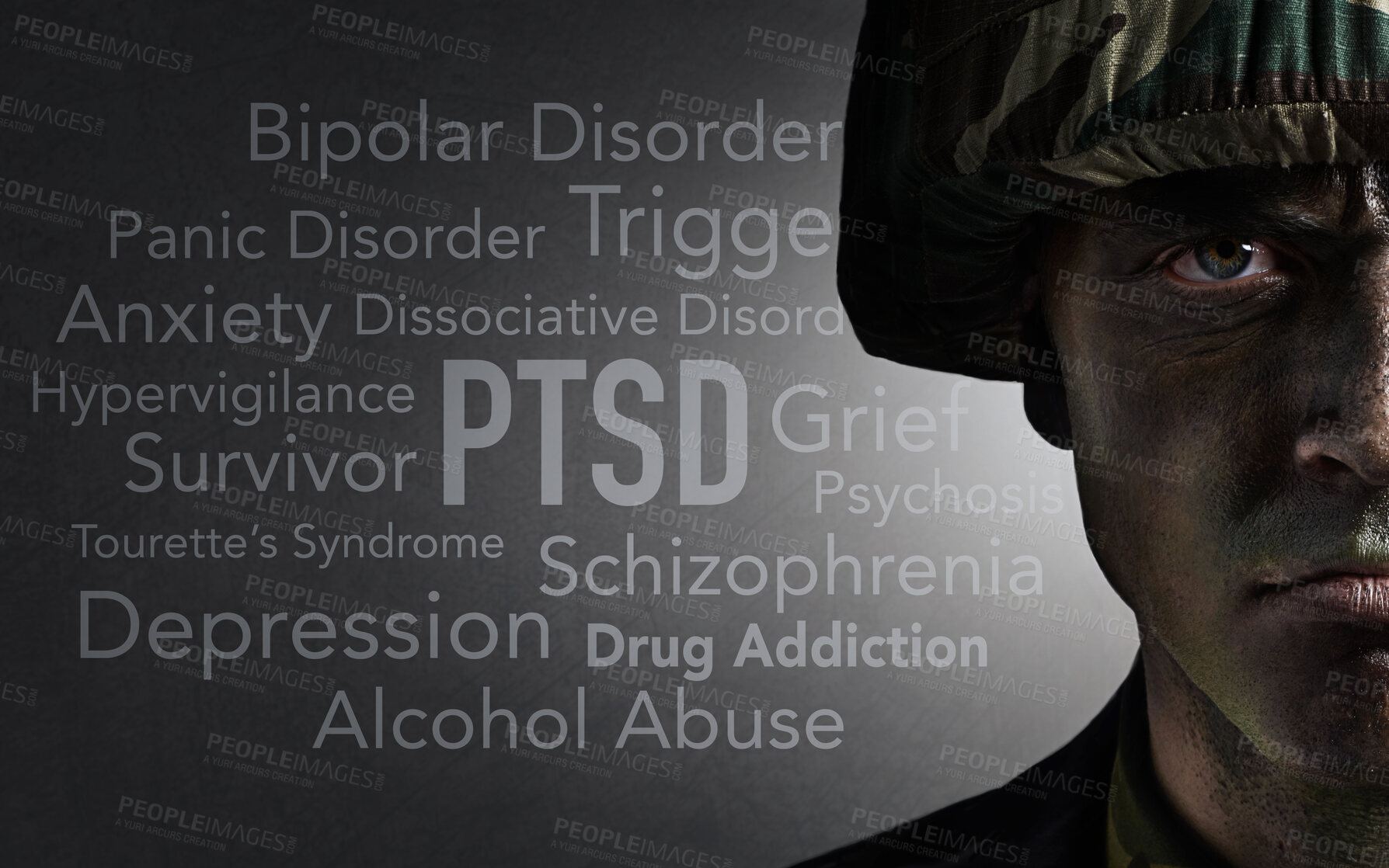 Buy stock photo Soldier portrait, words and overlay with anxiety, PTSD and psychology text of a veteran and man. Military, letter collage and problems from war, battlefield and fight trauma with grief of hero