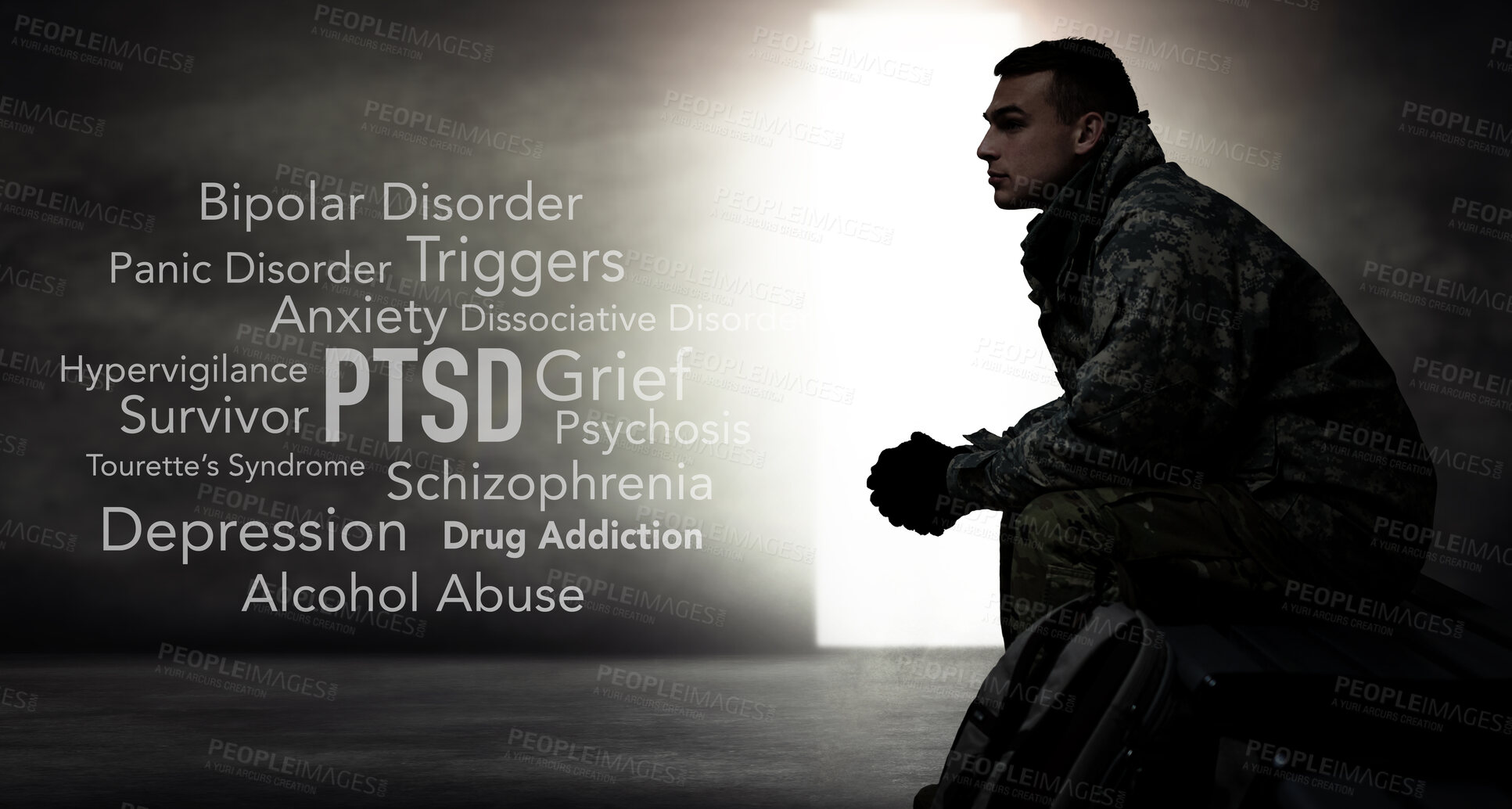 Buy stock photo Soldier, words and overlay with anxiety, PTSD and psychology text of a veteran and man. Military, letter collage and problems from war, battlefield and fight trauma with thinking and grief of hero