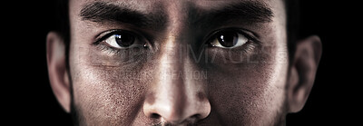 Buy stock photo Closeup, soldier and face in sad with depression, anxiety and mental health with black background. Banner, eyes and war crime with man veteran with trauma, ptsd and treatment for anger management 