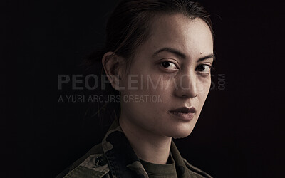 Buy stock photo Portrait, soldier and face by black background for mental health with frustration, anxiety and depression. Mockup, Korean veteran and hero with trauma, ptsd and treatment for insomnia for memory 