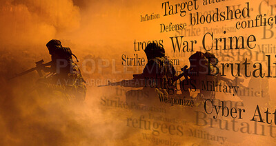 Buy stock photo Army, gun and word overlay in smoke, defense and battle in war, fight and mission to strike. Military, danger and violence in camouflage, text and action on battlefield, apocalypse and conflict