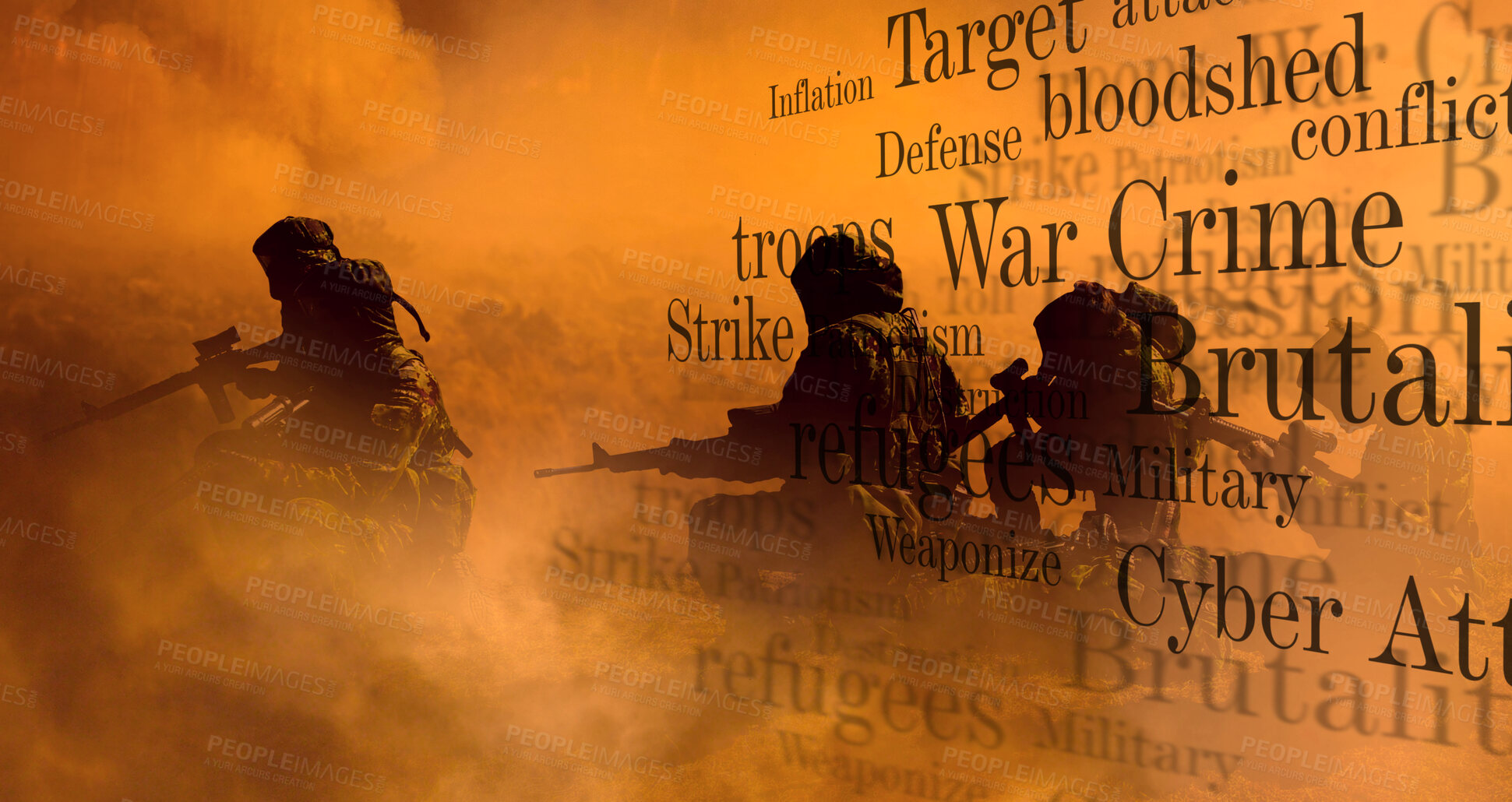 Buy stock photo Army, gun and word overlay in smoke, defense and battle in war, fight and mission to strike. Military, danger and violence in camouflage, text and action on battlefield, apocalypse and conflict