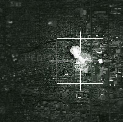 Buy stock photo Satellite, bomb and target of missile on map for war, international conflict and military. Army, warzone and bullseye of atomic, nuclear and rocket launch in country for warfare, explosion or strike