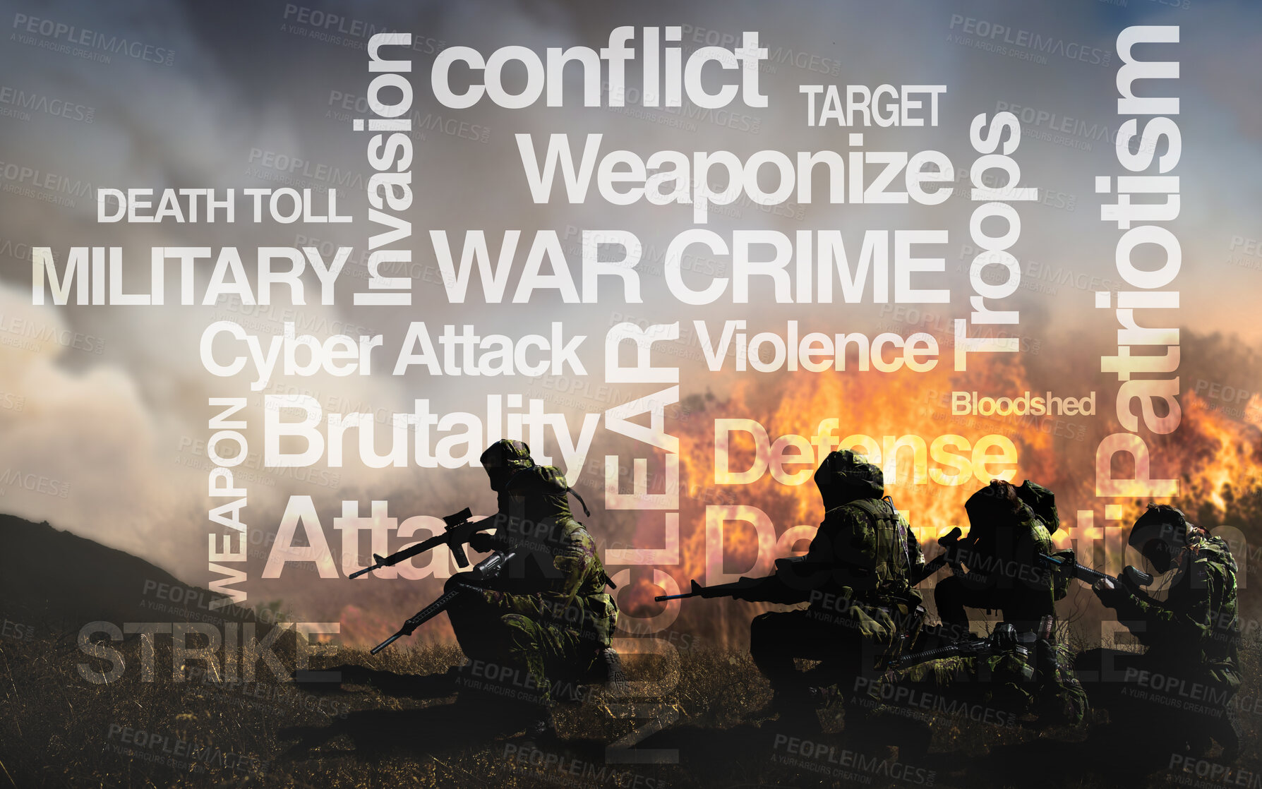 Buy stock photo Army, gun and word overlay in explosion, defense and battle in war, fight and mission to strike. Military, danger and violence in camouflage, text and action on battlefield, apocalypse and conflict