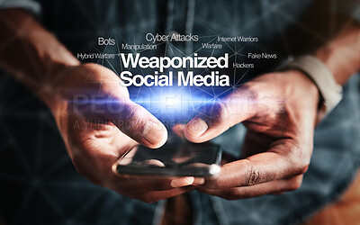 Buy stock photo Hands, smartphone and online for crime with security, social media and weapon in closeup on overlay. Black, person and cybercrime for internet, web and defence of attack with technology by hacking