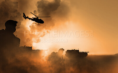 Buy stock photo War, explosion and helicopter, soldier silhouette on battlefield with conflict, military vehicle and politics. Orange, fire and smoke from fight, people in armed forces and warzone with army warrior