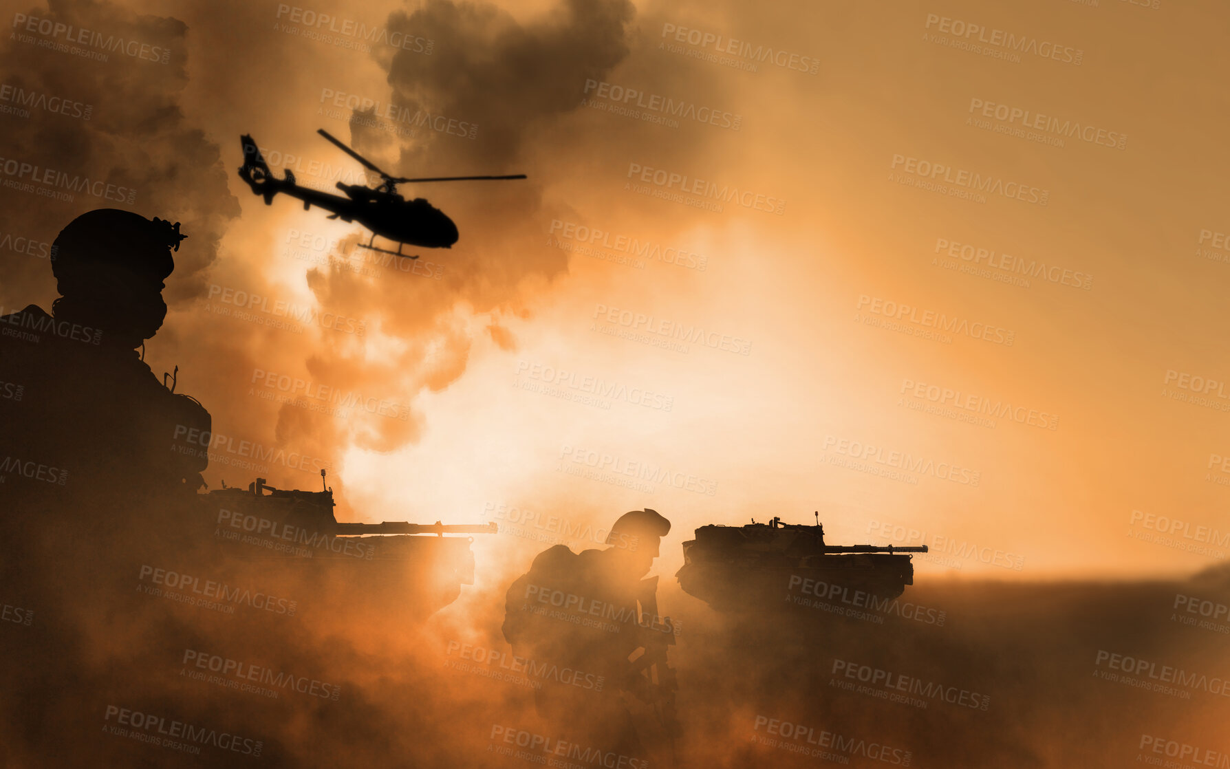 Buy stock photo War, explosion and helicopter, soldier silhouette on battlefield with conflict, military vehicle and politics. Orange, fire and smoke from fight, people in armed forces and warzone with army warrior