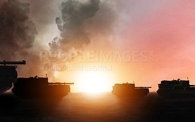 Buy stock photo War, military tank silhouette and sunrise on battlefield with conflict, vehicle and politics with explosion. Orange, fire and smoke from fight or battle, armed forces and warfare with army in warzone