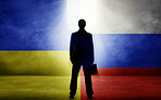 Business man, Ukraine and Russia flag for deal, choice and immigration from warzone with sanction. Politics, government and finance crisis in trading war, global conflict and entrepreneur silhouette
