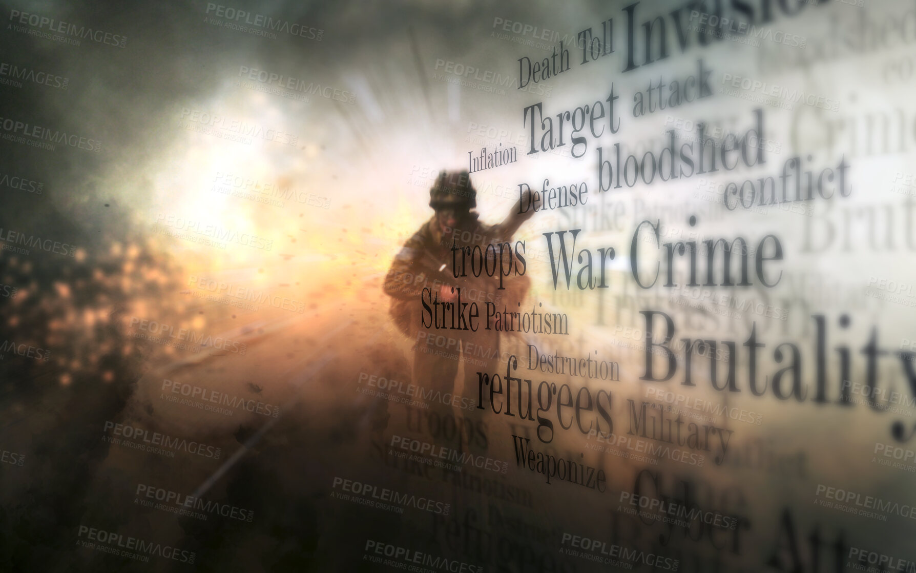 Buy stock photo Warrior, gun and word overlay in explosion, defense and battle in war, fight and mission to strike. Soldier, danger and violence in camouflage, text and action on battlefield, apocalypse and conflict