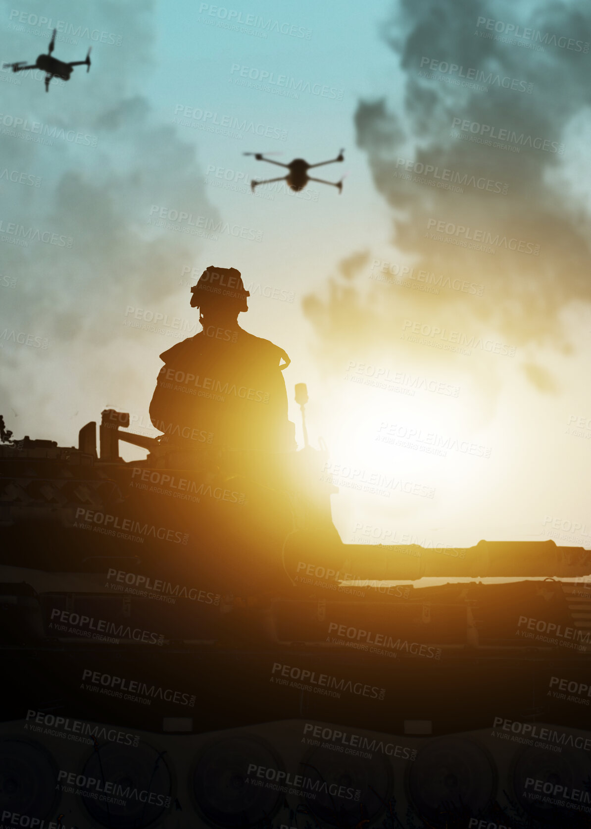 Buy stock photo War, smoke and sunrise, soldier silhouette on battlefield with conflict, military vehicle and politics. Lens flare, chaos and explosion from fight, person in armed forces in warzone with army warrior