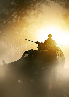 Buy stock photo War, explosion and military tank with soldier silhouette on battlefield in conflict and politics. Orange light, fire and smoke from fight, person in armed forces and warzone with army warrior outdoor