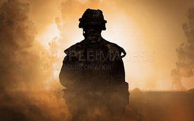 Buy stock photo Man, soldier and smoke in war with back, silhouette and dust in overlay for mockup. Person, marine or veteran in battle for freedom, courage and honor for country for freedom, defense or conflict 