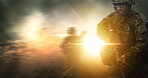 Army, flare and battlefield with a soldier in uniform at war for service, duty or patriotism on double exposure. Military, training or war with a man in camouflage in a fight for freedom as a hero