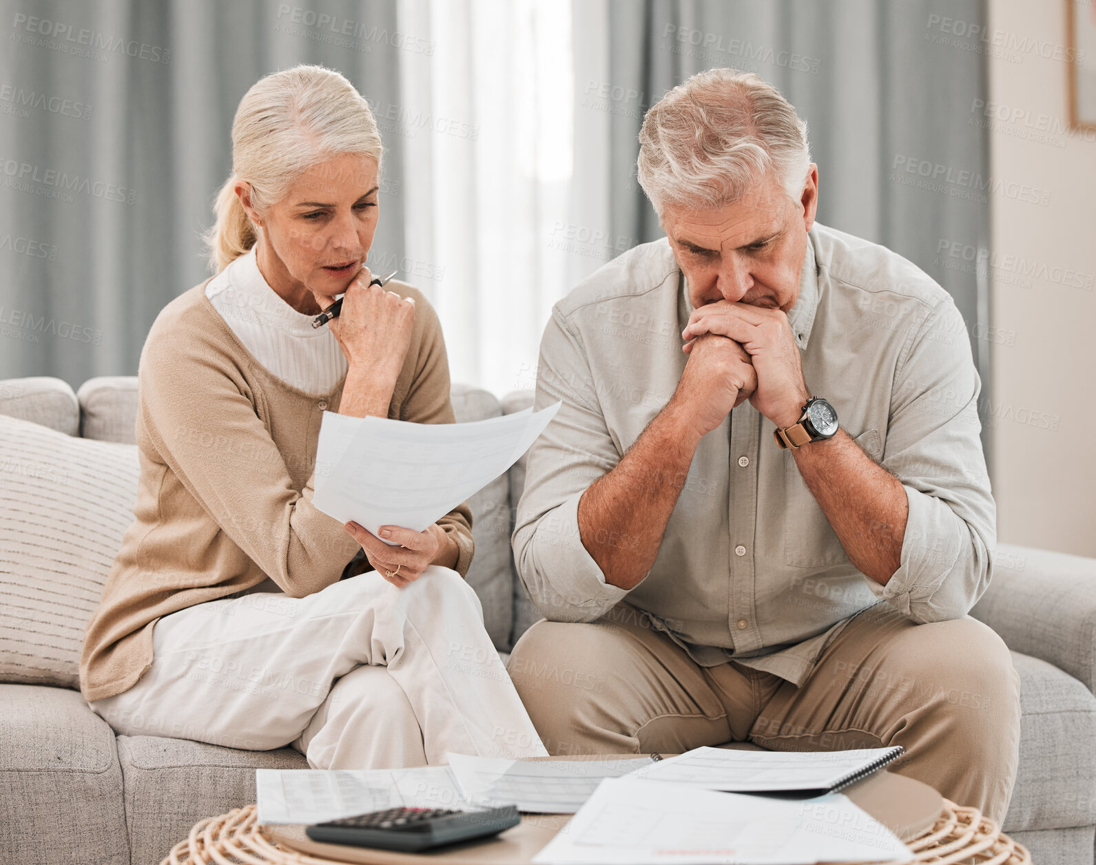 Buy stock photo Man, woman and worried with documents for retirement, financial planning or budget. Mature, couple and family with paperwork, savings or calculating for future, discussion and together in living room