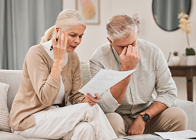 Buy stock photo Married, couple and together with documents in frustration for finances, vacation or retirement at home. Elderly, man and woman on sofa with paperwork with bad news for plan, investments or budget 
