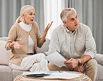 Bills, old couple with documents and stress in home, mortgage payment and retirement funding crisis. Financial budget, senior man and woman on sofa with anxiety for debt,  life insurance and taxes.