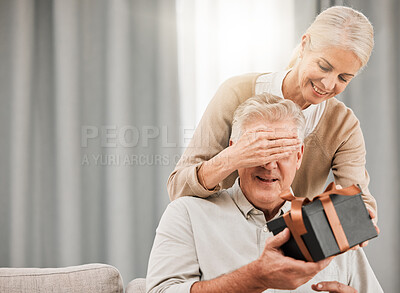 Buy stock photo Old couple, present for birthday and surprise with celebration, man and woman at home with love and grand gesture. Gift box for special event, marriage and relationship with anniversary and romance