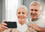 Old couple, happy in selfie and memory for social media post, love and trust while at home. People smile in picture, time together and marriage, retirement and photography for content for mobile app