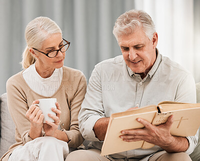 Buy stock photo Bible, reading and senior couple in a living room with book for gospel, discussion or learning in their home. God, worship and elderly man with old woman enjoy retirement with holy, praise or faith